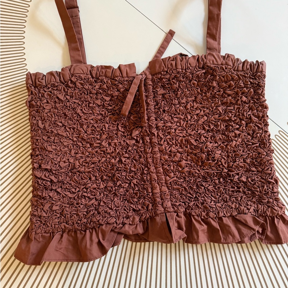 Anthropologie X Mare Mare Bronze Brown Ruffled Smocked Top size M